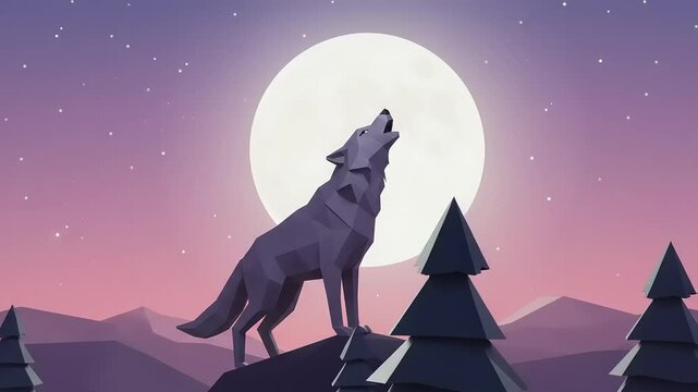 Low Poly Wolf Howling at the Moon in Forest Night Illustration Animation Loop