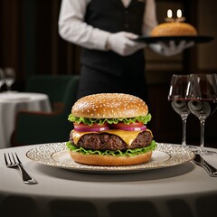 Gourmet hamburger presented on elegant plate in upscale restaurant  