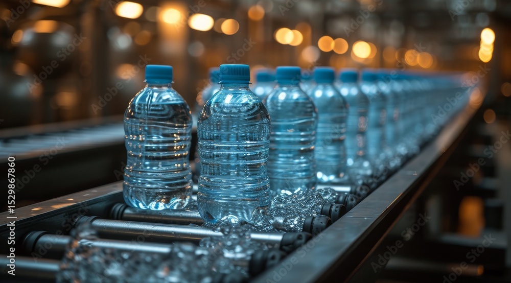 Poster a streamlined assembly line showcases rows of bottled water, emphasizing modern manufacturing effici