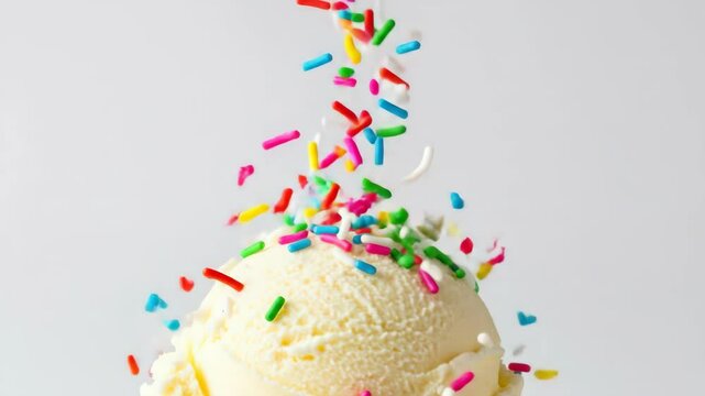 Vanilla ice cream scoop with colorful rainbow sprinkles falling against white background creating festive dessert. Sweet frozen treat topped with candy decorations. Summer concept for bakery