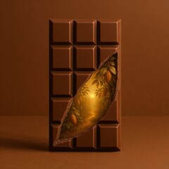Chocolate bar with decorative elements on brown background  