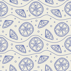 Summer seamless pattern with lemon in line art. Doodle vector illustration of slices of citrus fruit on white background. For menu, summer design, poster, paper.