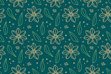Floral seamless pattern with flowers and leaves in line art. Modern botanical vector illustration in doodle style on dark green background for wallpaper, wrapping paper, textile design