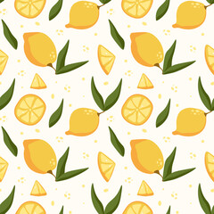 Juicy seamless pattern with lemons. Vector slices of yellow citrus fruit on white background. Summer illustration in flat style.