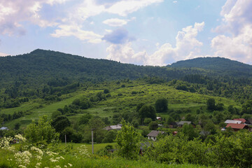 A wide panoramic view of mountains covered with dense forests and green slopes unfolds over a cozy...