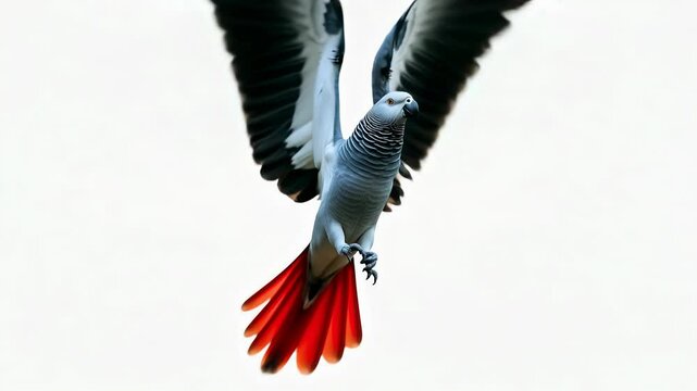 Grey parrot jaco with striking red tail flying gracefully in an open space