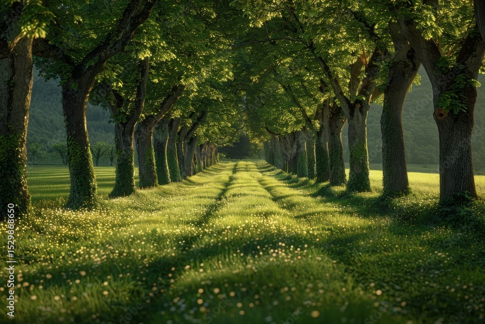 Poster an inviting pathway framed by towering trees, where sunlight filters through leaves, creating a tran