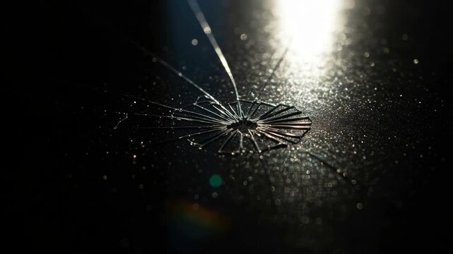 Spider web crack windshield damage reflecting light pattern. Broken car glass safety hazard requiring immediate repair service. Vehicle maintenance insurance claim