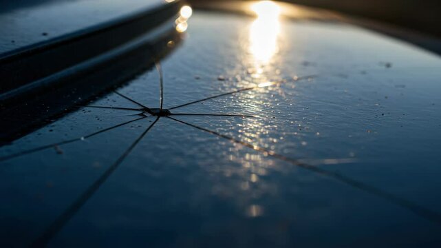 Cracked car windshield spider web damage close up view. Broken vehicle glass surface safety issue. Automotive repair replacement insurance coverage needed