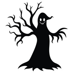 Spooky silhouette tree illustration with a smiling ghost for halloween decoration design