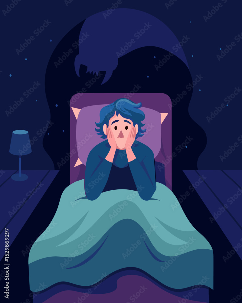Poster as they lay in bed a person curls into themselves and lets out a silent scream alone in the shadows 