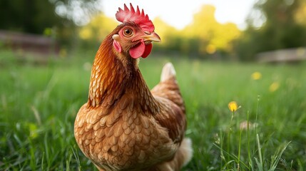 A brown hen standing in green grass with a focus