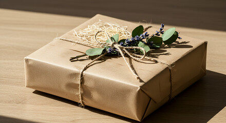 A square gift wrapped in brown paper with string and lavender sprigs on a wooden surface in sunlight