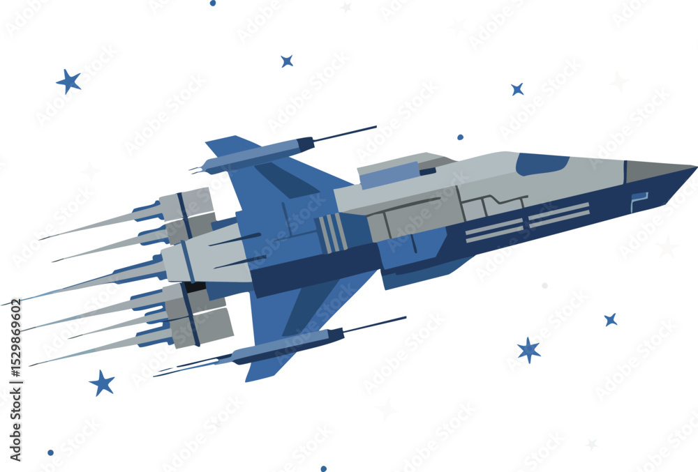 Poster futuristic spaceship flying through starry outer space digital vector illustration
