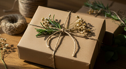 A square gift box decorated with twine and dried flowers sitting on a wooden surface in soft lighting