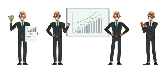 Black businessman in grey suit with glasses character design. Man success with high graph flat vector illustration.