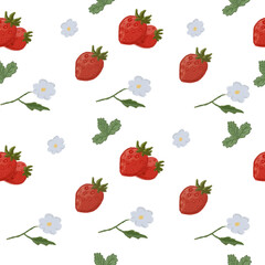 Whimsical Red Strawberries with Flowers on Dark Background Seamlessly Repeating