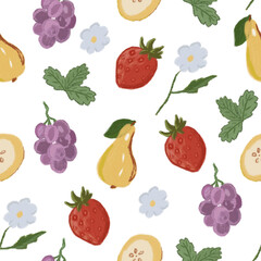 Repeating Pattern of Fresh Fruits and Flowers on a White Background