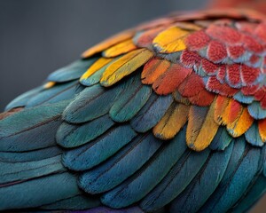 Obraz premium Close-Up of Vibrant Bird Feathers with Blue, Green, Red, and Yellow Hues