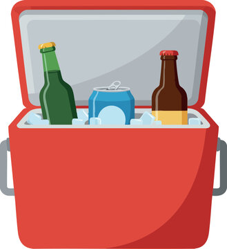 Portable red cooler with ice and assorted bottled drinks for outdoor activities vector illustration 