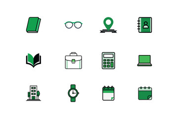 Vector art of a set of green business icons isolated on white background includes books, glasses, location, address book, briefcase, calculator, laptop, building, watch, and calendar