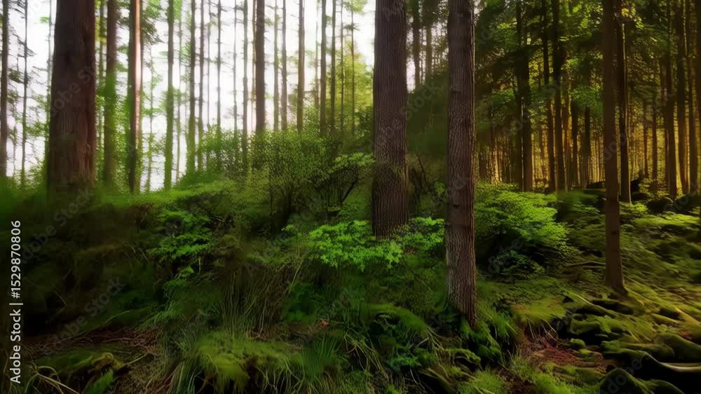Poster tranquil forest scene featuring a gentle stream flowing through moss-covered rocks under the canopy 