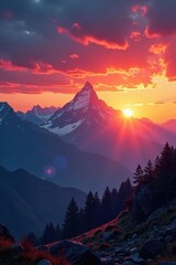 Fiery sunrise illuminates mountain range, inspiring scene , illuminated, bright