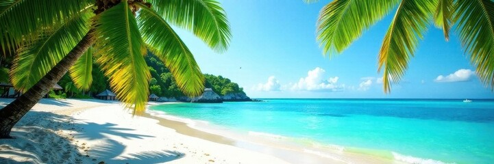 Lush palm fronds frame vibrant ocean scene; idyllic beach stretches endlessly , green, nature, vacation