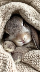 Brown Lop Rabbit Snuggled in Beige Knit Blanket