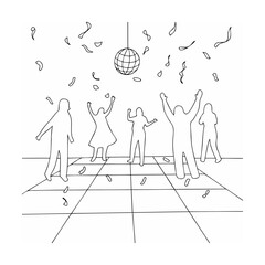 Outline illustration of people dancing at a party with disco ball and confetti celebrations