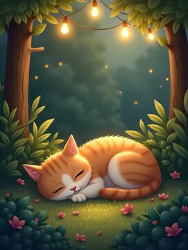 A serene cat resting in a garden adorned with warm lights and greenery.