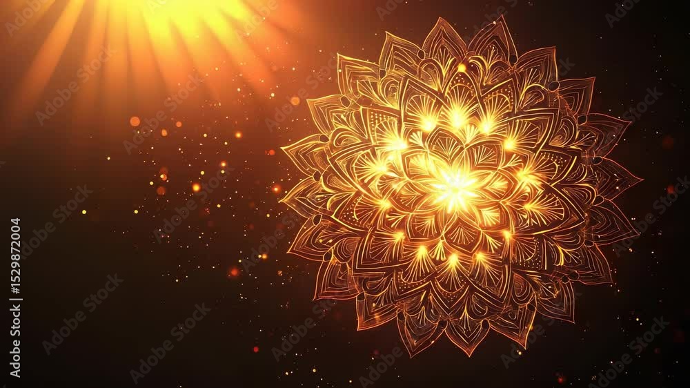 Poster elegant golden mandala animation with shimmering particles and light rays background