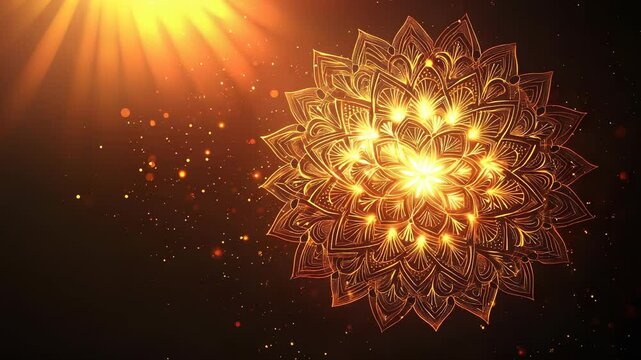 Elegant golden mandala animation with shimmering particles and light rays background