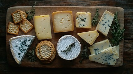 Assorted cheeses and crackers on a wooden board (1)