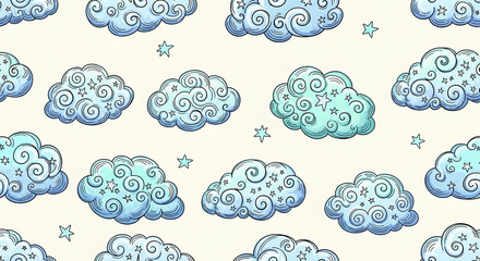 Whimsical blue clouds pattern with stars on light background, seamless texture  