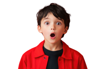 Wow look, advertise here! Portrait of boy with to empty place on background, Elementary school child surprised showing copy space for promotional ad. indoor studio shot PNG