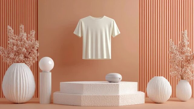 A minimalist display featuring a cream-colored t-shirt, a small diffuser, and decorative elements against a peachy-coral wall
