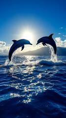 Obraz premium Dolphins leaping ocean sunset