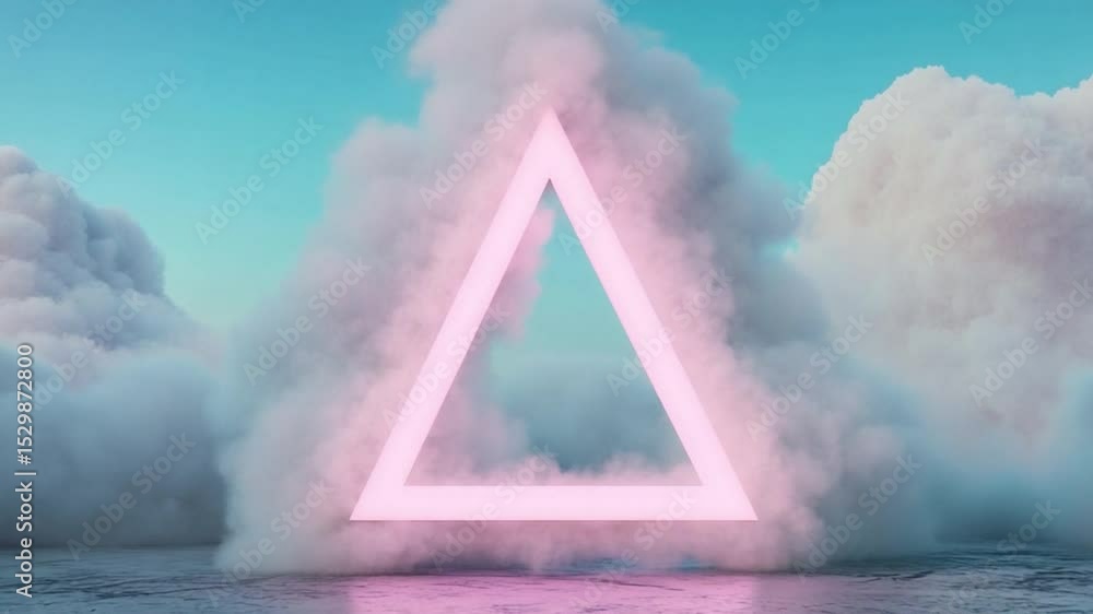 Poster Mystical Triangle in the Clouds: A surreal image features a glowing pink triangle suspended amidst fluffy clouds, creating a dreamy and imaginative atmosphere.