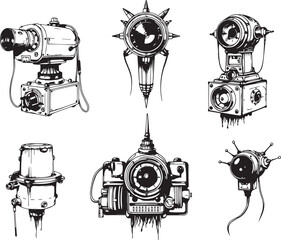 Mechanism set, retro, vintage, steampunk, cyberpunk, decorative elements. Ideal design for social media, cover, banner, flyer, music, ads.