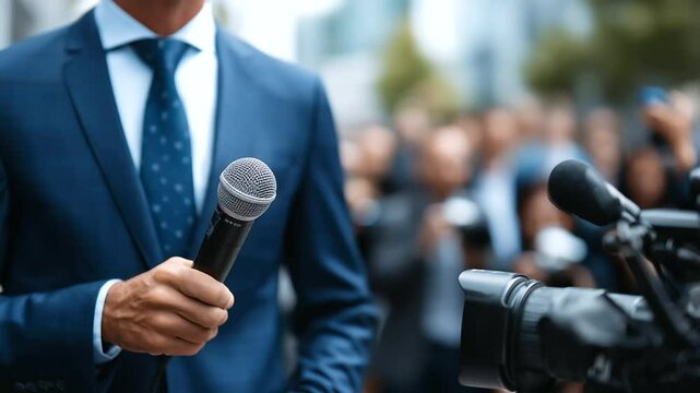 At the center of a high-stakes news briefing, a man in a classic suit addresses the media, cameras clicking, boom mics hovering, and a bustling yet blurred crowd capturing the inte