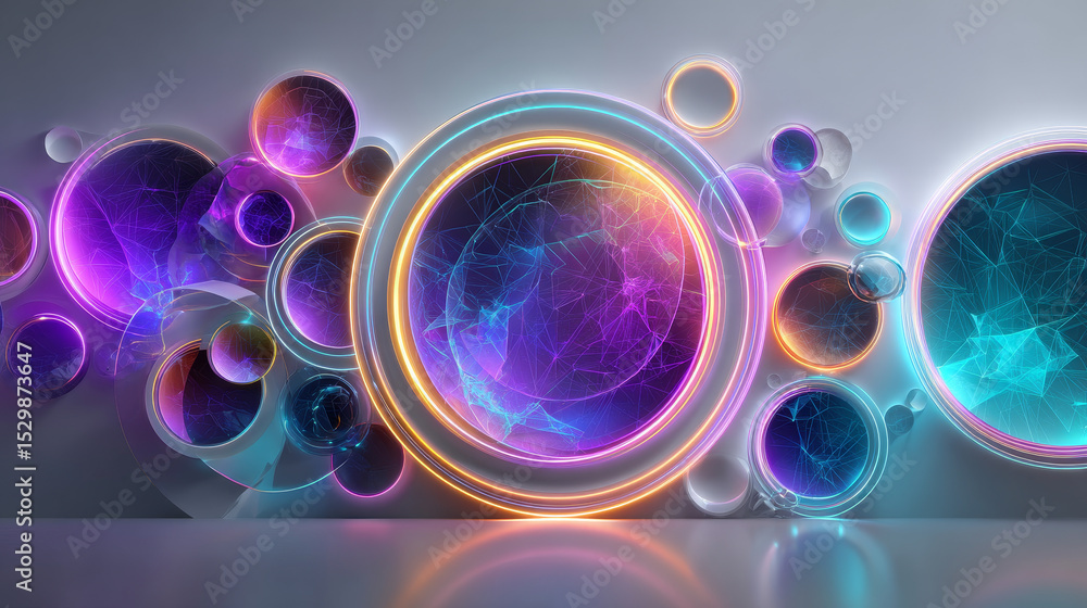 Poster round color frames with illuminated neon borders on white background. glowing white circle frames wi