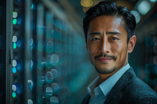 A charismatic portrait of a man in a sleek suit, standing confidently in a modern office filled with technology, representing professionalism and sophistication in a corporate world.