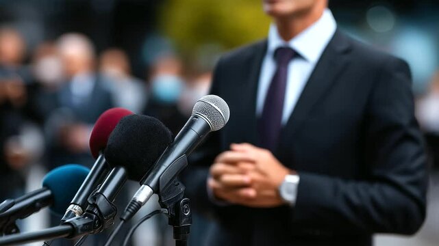 A press conference unfolds as a man in a black suit speaks into an array of microphones, with news logos on mic flags and blurry background figures moving amid the press chaos