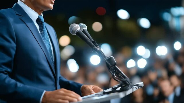 A dignified figure in a suit speaks at a podium surrounded by news microphones and media personnel, with flashes of light and indistinct press members in the background giving it a
