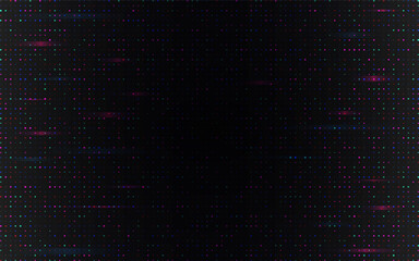 Glitch pixel background with multicolor fading dots on dark screen. Digital dots for tech, cyberpunk or digital project. Abstract futuristic data elements. Vector Illustration.