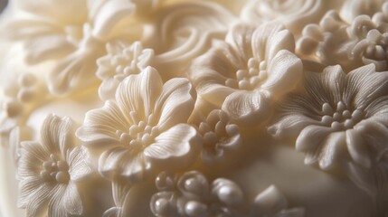 Detailed close up image showing sculpted floral cream ornaments