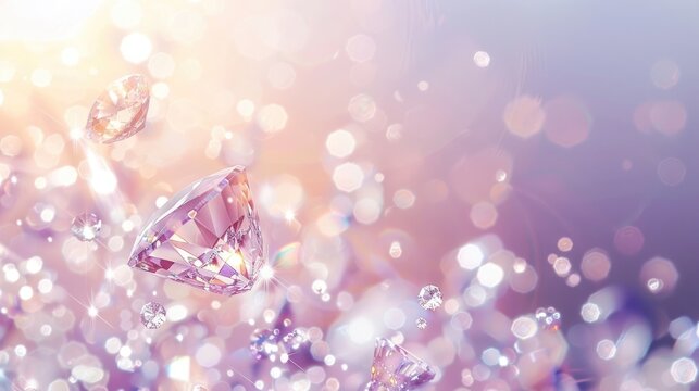 sparkling diamonds with a soft pastel purple lilac background. shimmering light reflections, horizontal banner, copy space, free space for text