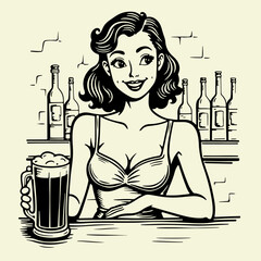 Black and white flat vector illustration of a sexy female bartender with deep neckline serving beer in a glass mug at the bar. Vintage logo-style, ideal for pub or Oktoberfest design.