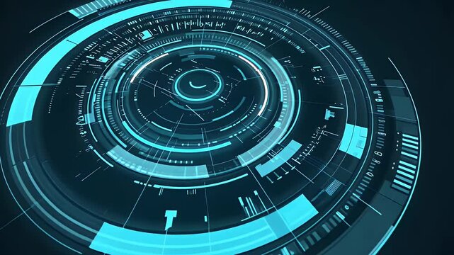 Tech Interface Visualization: A captivating depiction of futuristic technological interface, featuring dynamic lines and complex circular arrangements.